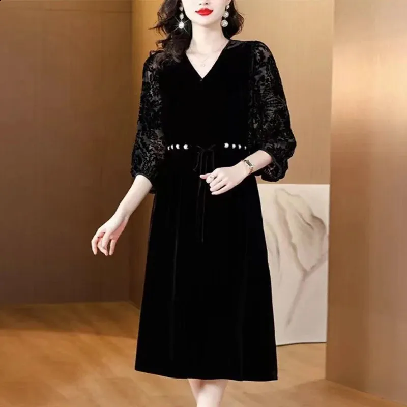 Vintage Black velvet tunic Midi Dress with V-Neck and Elegant Waistband for Women - Perfect for Office, Formal and Casual Wear in Autumn