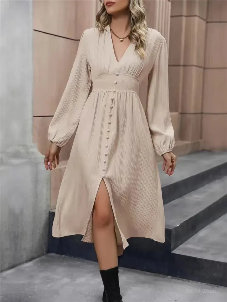 knee length dresses for ladies Luanna | Ecru Satin Long-Sleeve Midi Dress with Draped Skirt and Embellished Cuffs main image 0
