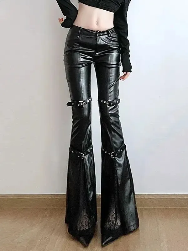 国内未入荷 DARKFOG - TEXTURED FLARE PU LEATHER PANTS Vintage PU Leather Flare flare pants with Goth Buckle and