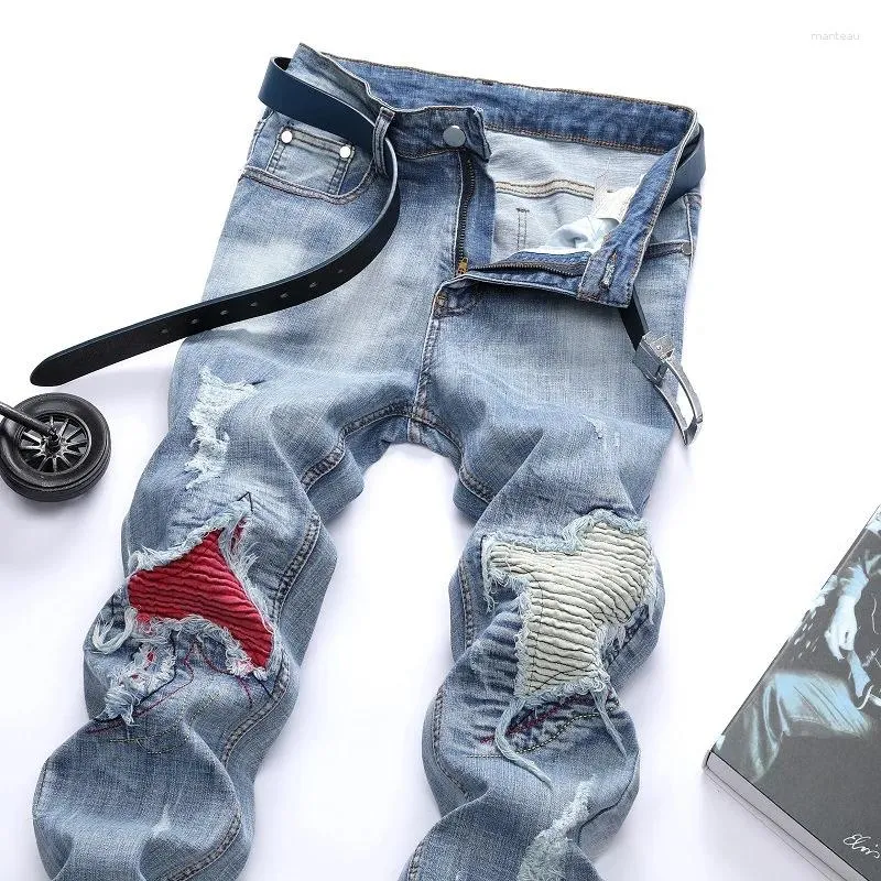 Jeans da uomo personalizzati strappati blu chiaro streetwear elasticizzati dritti slim fit casual pantaloni da motociclista in denim da uomo_voghion.com