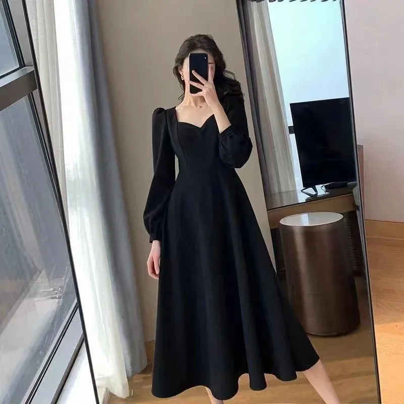 Elegant Long Puff Sleeve Solid Dress For Women High Waist, Slim