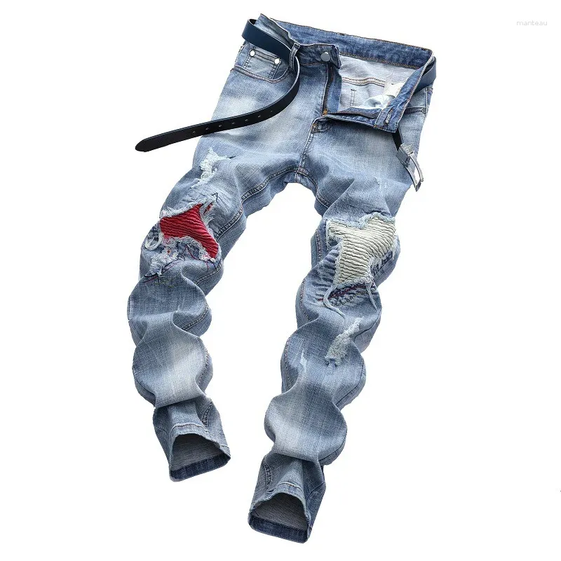 Jeans da uomo personalizzati strappati blu chiaro streetwear elasticizzati dritti slim fit casual pantaloni da motociclista in denim da uomo_voghion.com