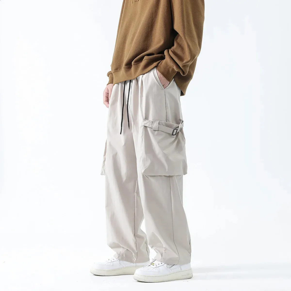 thumbnail image 2 of Bazeneo Linen Trousers Mens Elastic Waist Summer Cargo Trouser Multi Pocket Drawstring Work Pants Baggy Straight Leg Joggers Pant Solid Colour Breath 2 of 12
