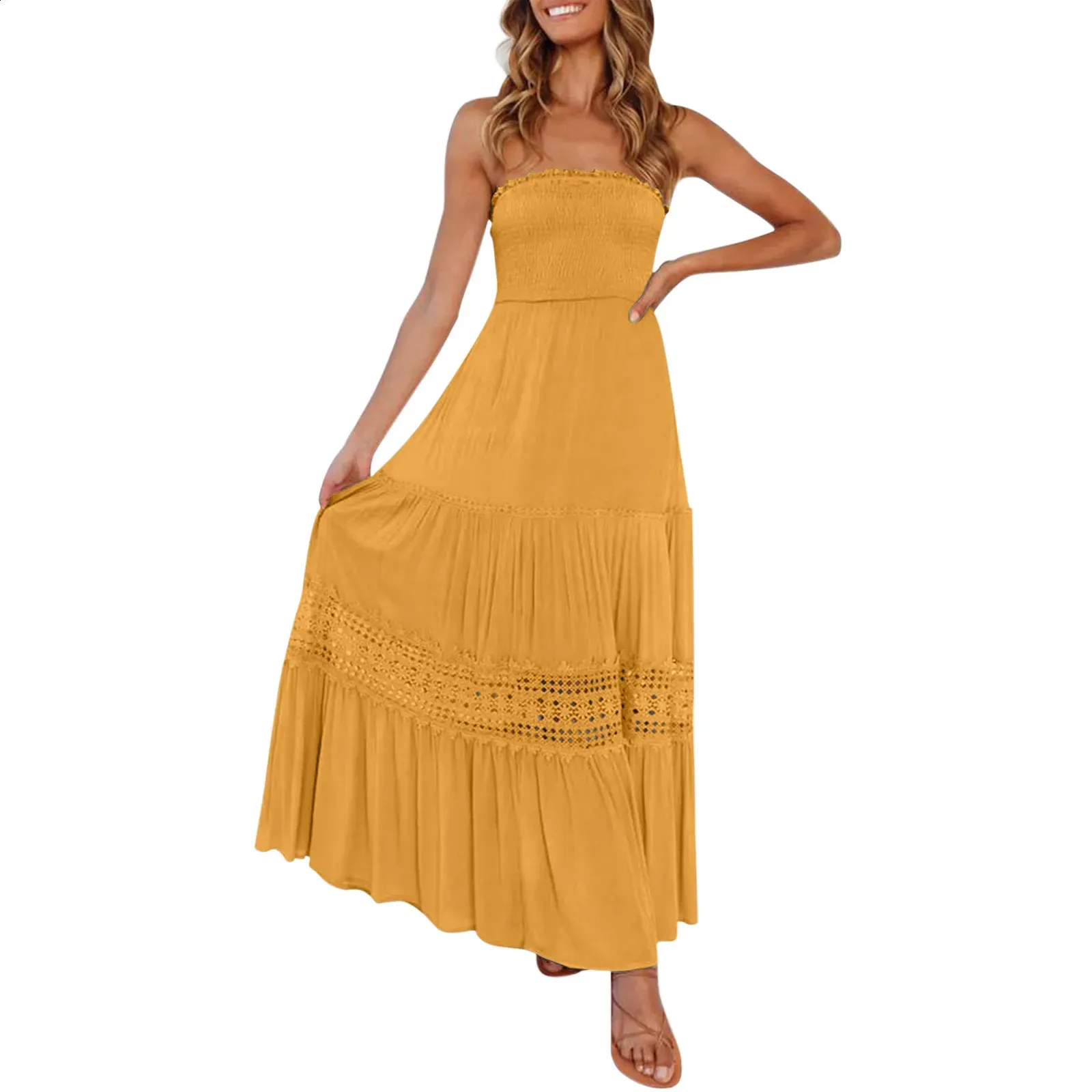 Boho Lace Trim Off-Shoulder Maxi strapless Maxi dress for Women - Strapless, Backless, and Flowy A-Line Beachwear (240822) Boho Lace Trim Off-Shoulder Maxi strapless Maxi dress for Women - Strapless, Backless, and Flowy A-Line Beachwear (240822)