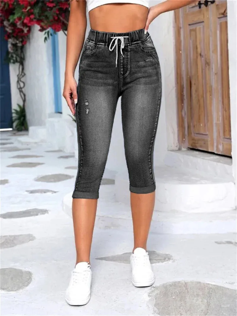 Summer Womens Elastic Waist Black Ripped Jeans Fashion High