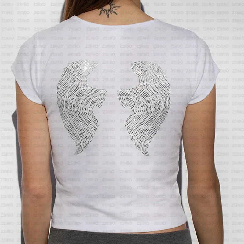 Tシャツ・カットソー [tensishop] gyaru hart angel wing Y2K Harajuku Gothic Personality Casual Rhinestone Angel Wing