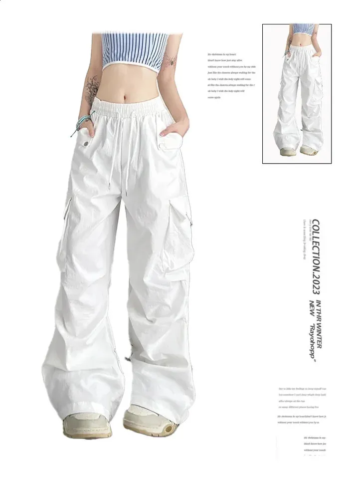 White cargo pants SHINYAKOZUKA似　y2k Women Y2K High Waisted Baggy Cargo Pants Casual Loose Wide