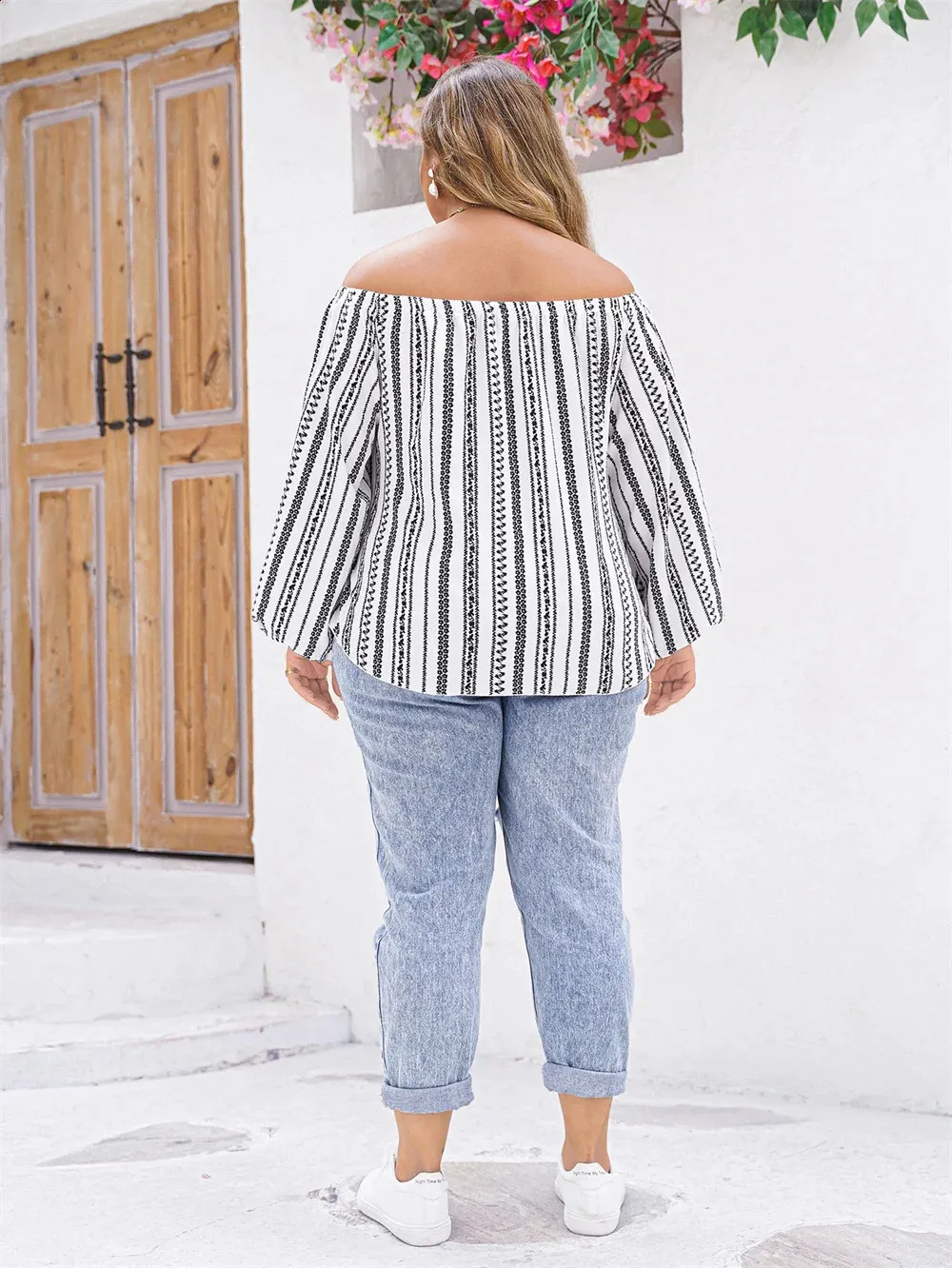 Plus Size Boho Off Shoulder Tops for Women Long Sleeve Tie Front
