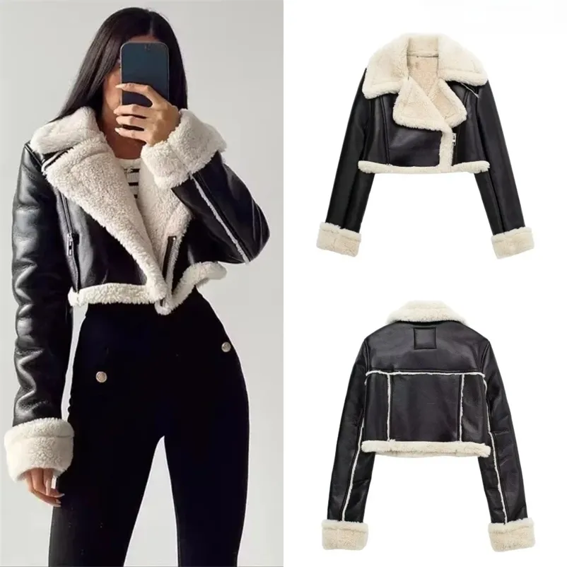 Women's Black Wool Blends Cropped Leather leather