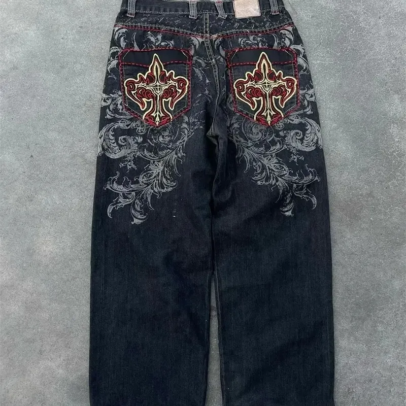 アメリカ発【HELLOICE】Street Hiphop Patch Embroidery Jeans Y2k American High Street Hip Hop Skull Embroidered Jeans Men