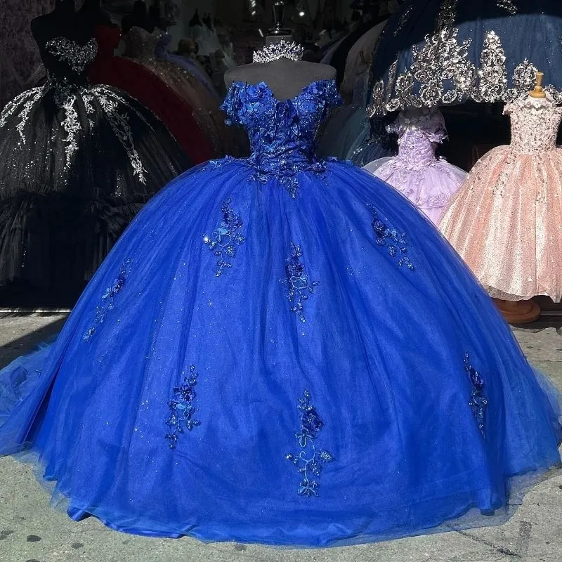 Royal Blue Beaded Pearls 3D Flowers Quinceanera Dresses Off The Shoulder Ball Gown