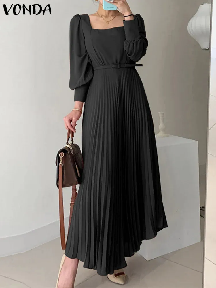 VONDA Womens Long Lantern Sleeve Dress - Square Collar Pleated Maxi Dress  with Belt - Elegant Solid Color Robe
