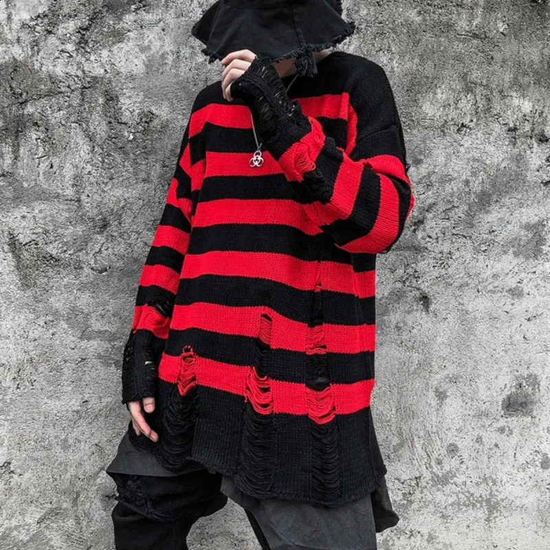 Ripped Sweater: Red And Black Striped Knitwear Autumn Winter Punk