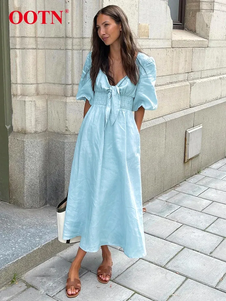 High Waist Dresses: Blue Short Sleeve A Line Empire Waist Dress