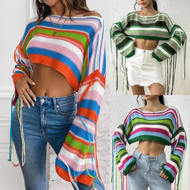 Rainbow Striped Crop Top Sweater with Tassels Trendy Knit for Women  Shop Now!