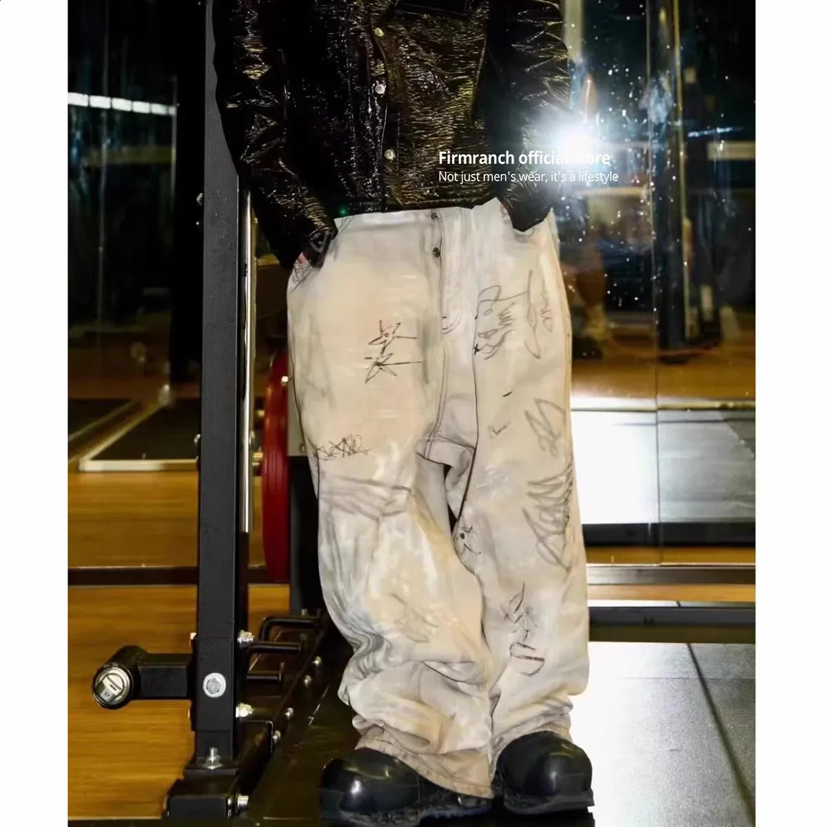 パンツ Distressed Marble Graffiti WideLeg Pants Womens Y2k Wide Leg Jeans Pants High Waisted Graffiti 90s Baggy