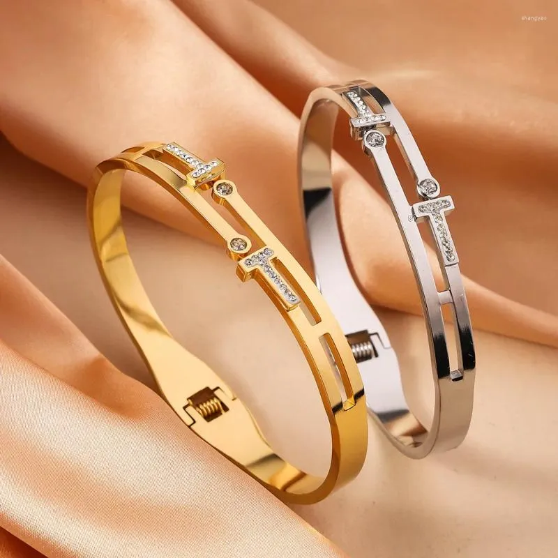 Exquisite T Shaped Zircon Inlaid Stainless Steel Bangle