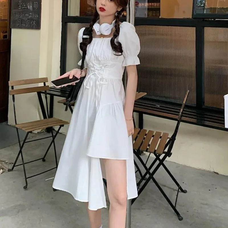 Elegant Vintage White Midi Dress with Sleeves and Square Collar for Women - Perfect for Summer Goth Outfits ByHOUZHOU (240822)