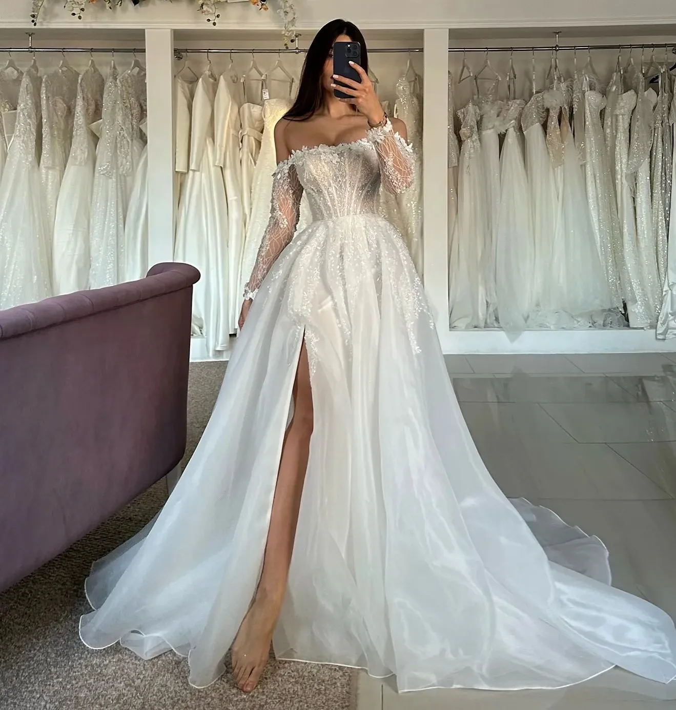 Boho A Line Wedding Dress For Bride Off Shoulder Lace Appliques