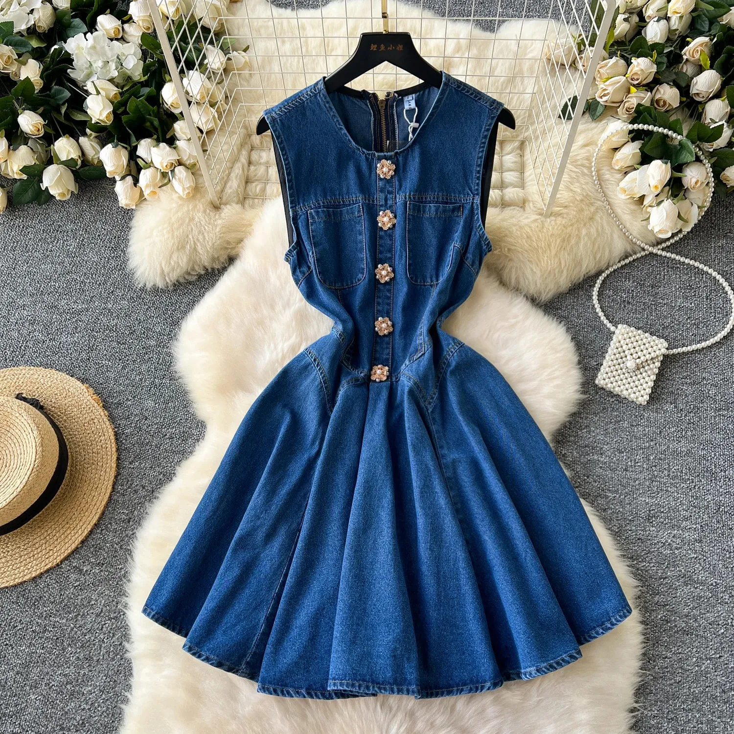 white christmas dresses Beaded Denim Dress – stepbyps main image 1