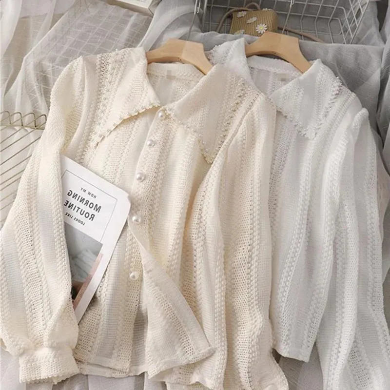 White Acetate Knit Blouse With Pearl Embellishments & Hollow Out