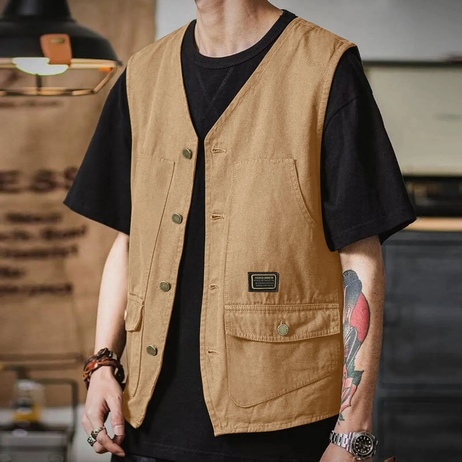 Vintage Army Green Sleeveless Cargo mens vest with Button