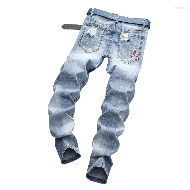 Jeans da uomo personalizzati strappati blu chiaro streetwear elasticizzati dritti slim fit casual pantaloni da motociclista in denim da uomo_voghion.com