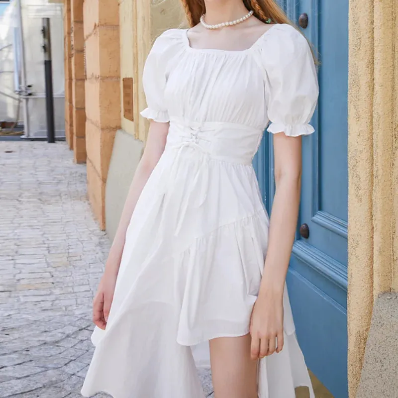 Elegant Vintage White Midi Dress with Sleeves and Square Collar for Women - Perfect for Summer Goth outfits byHOUZHOU (240822)