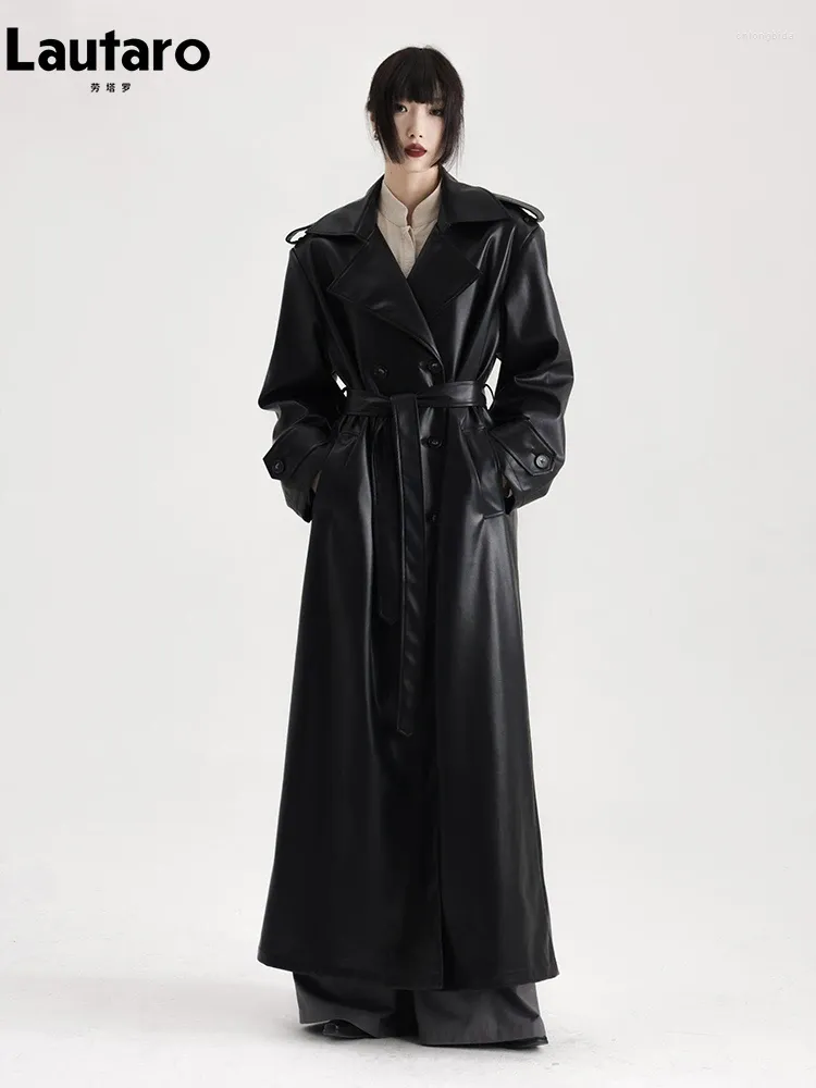 Long Leather Trench Coat: Double Breasted, Soft PU, Korean