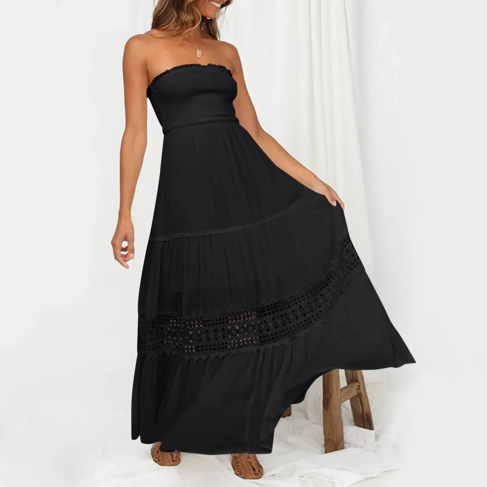 Boho Lace Trim Off-Shoulder Maxi Strapless Maxi Dress for Women - Strapless, Backless, and Flowy A-Line Beachwear (240822)