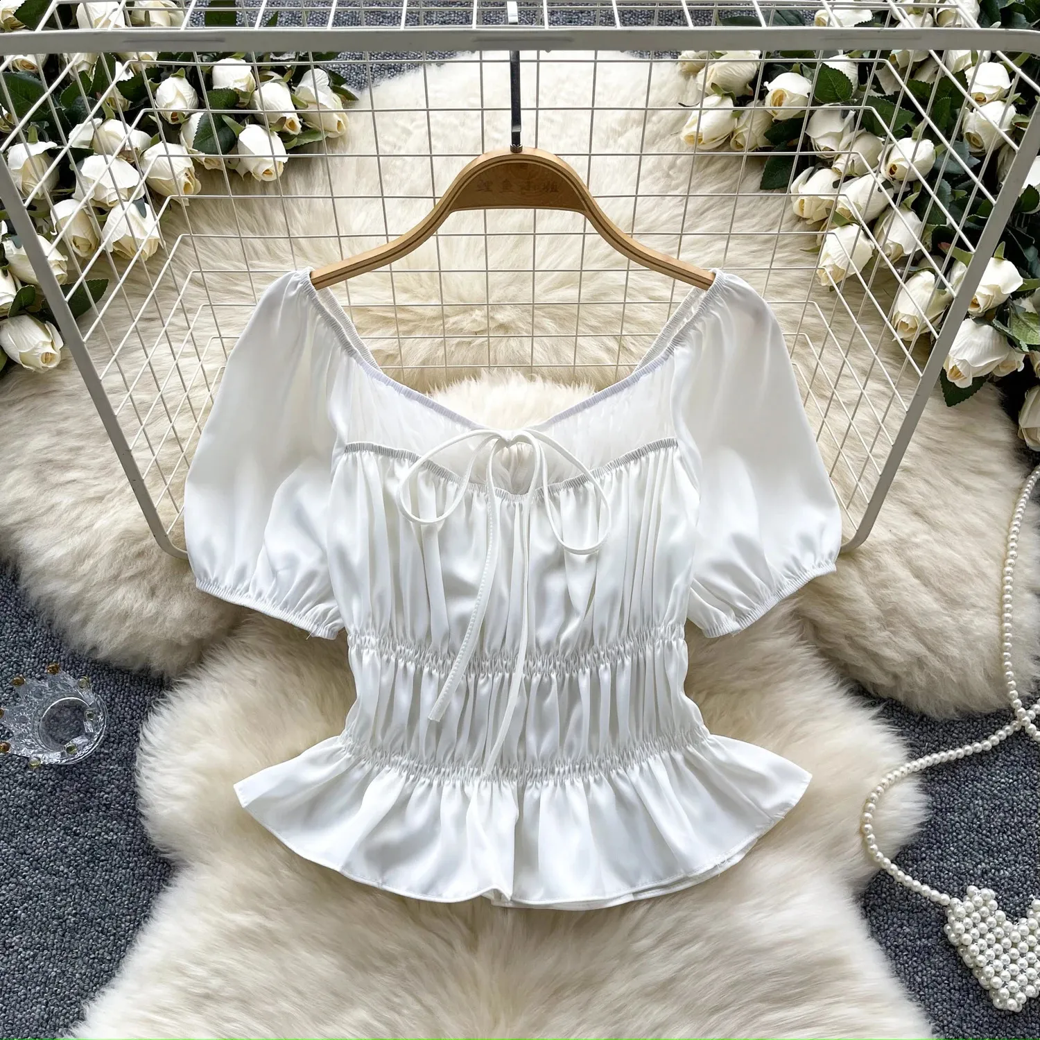 Elegant Lace-Up Puff Sleeve Blouse for Women: Versatile Summer Top - Main Image