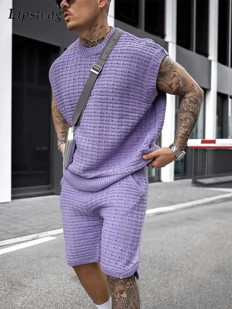 Streetwear Summer Men Fashion Outfits Knitted Solid Color Loose