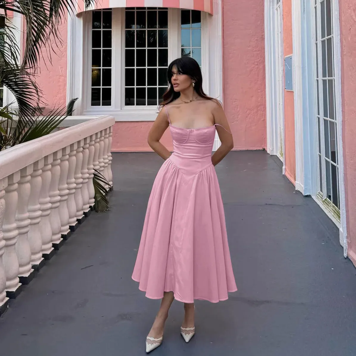 Midi Dress Pink Dress Spaghetti Strap Elegant Hot Pink Midi Dress