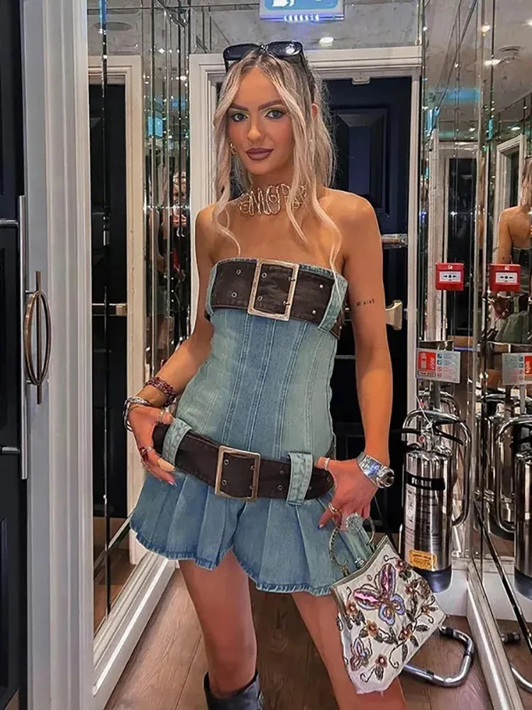 Vintage Y2k Strapless Denim Bodycon Dress with Belt - Korean Fashion for Women, Perfect for Summer Streetwear and Kpop - Pleated Mini Dress in 2000s