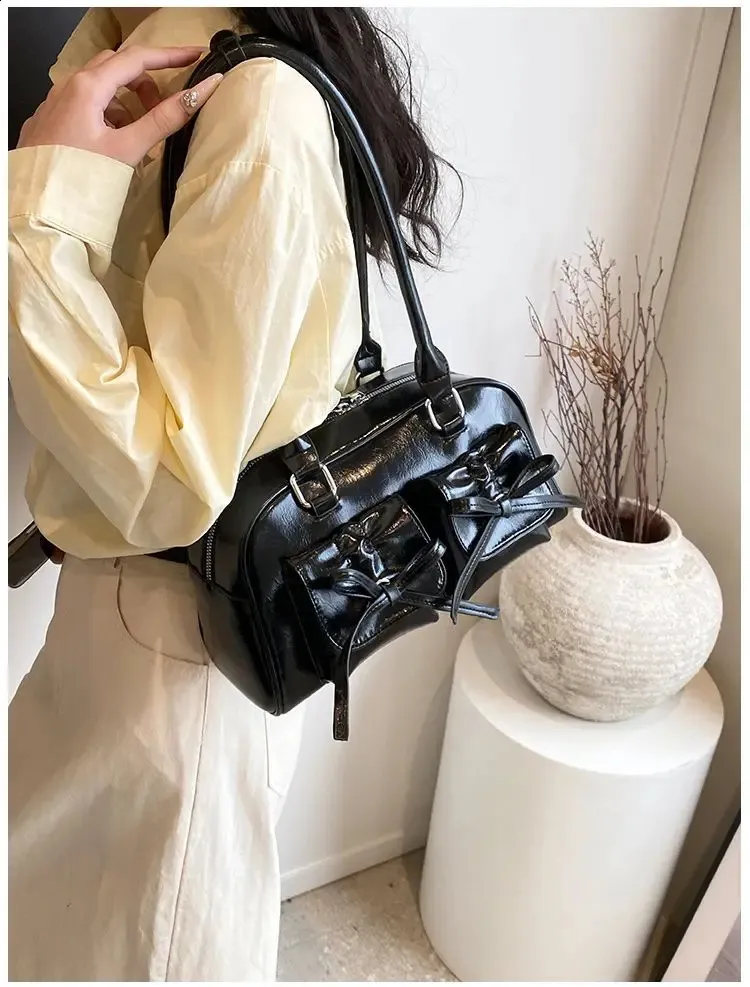 JIAERDI Retro High Street PU Leather Bow women's