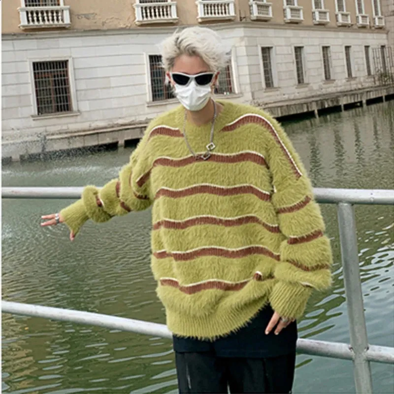 Pull Rayé En Peluche à Col V – Cardigan Décontracté, épais – Pour Homme, Style Harajuku – Couple, Confortable, Tendance