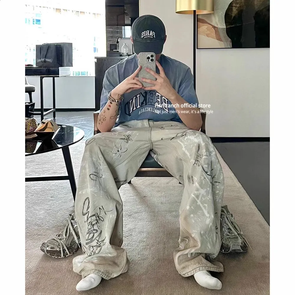 パンツ Distressed Marble Graffiti WideLeg Pants Graffiti Jeans: Distressed Wide Leg Pants for Men & Women - Loose