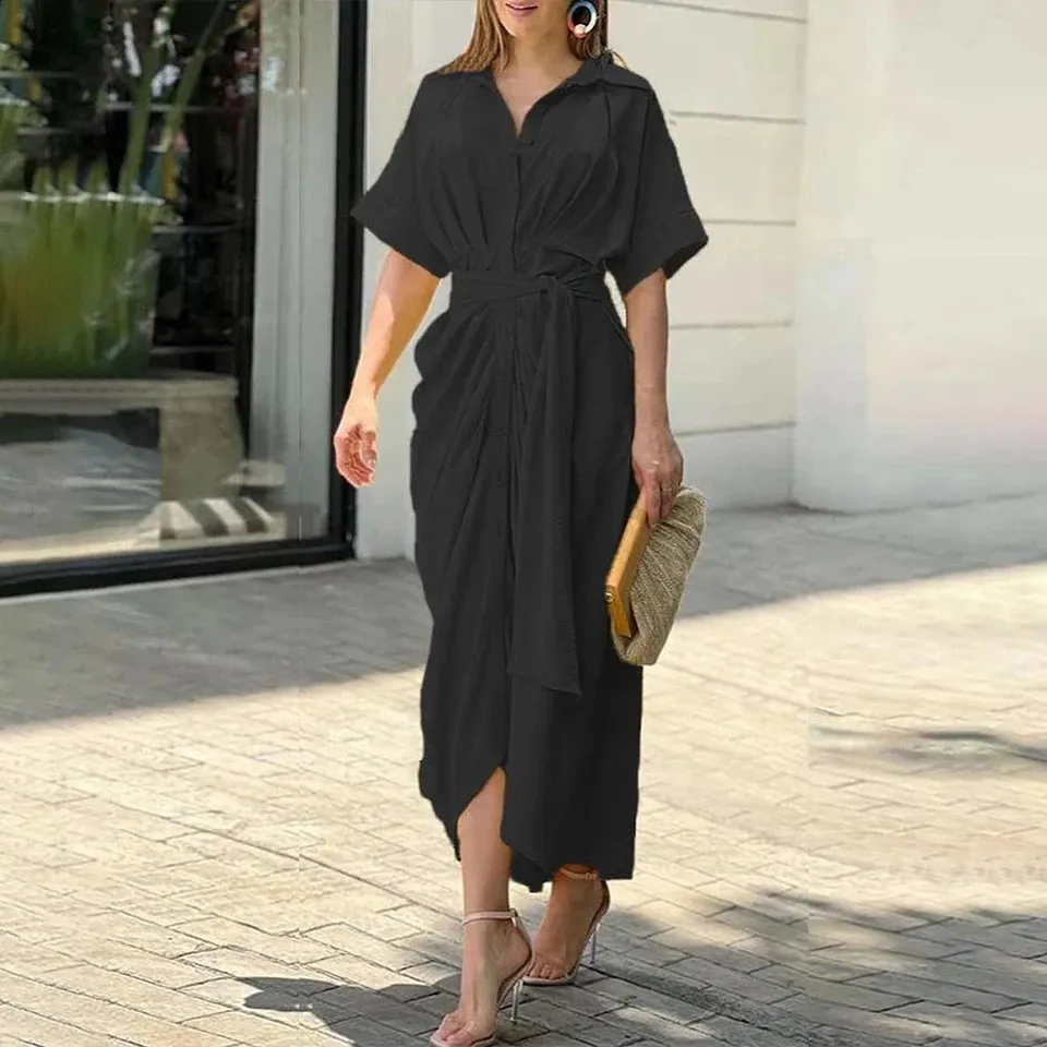 High Waisted Lady Shirt Dress for Women Summer Short Sleeve Floor-Length Chiffon  Dress Female Solid Slim Style from Dhgate Basic & Casual Dresses - price  53.0