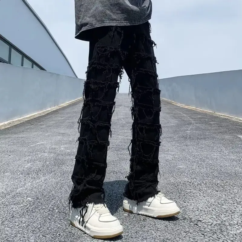 パンツ damage long length denim jeans black Reduce Price Hfyihgf Mens Ripped Hole Jeans Distressed