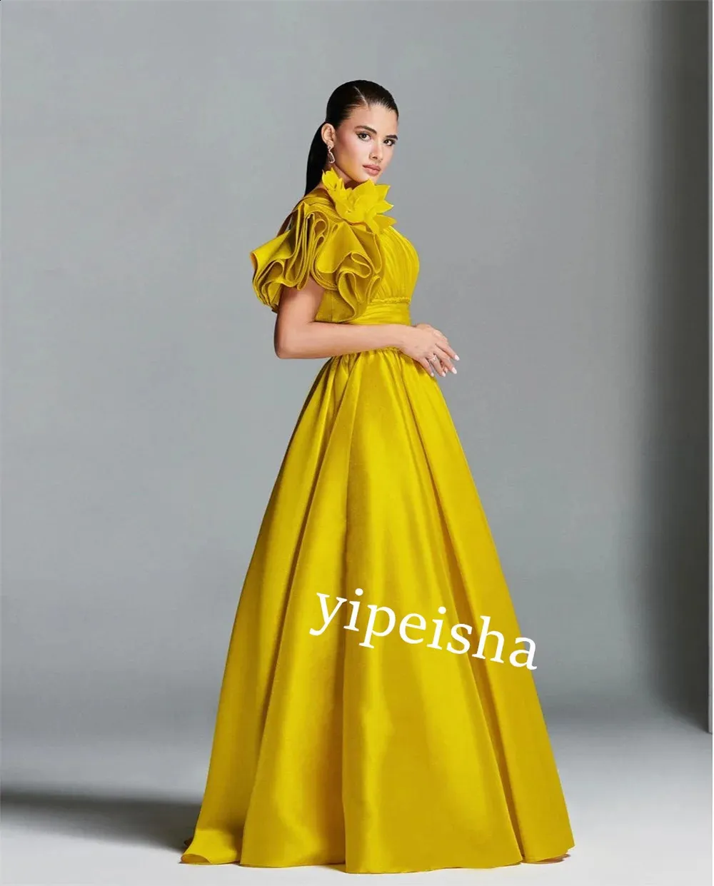 green emerald velvet dress Yellow Satin Long Prom Dress, Off Shoulder A-Line Evening Dress US 10 / Yellow main image 1