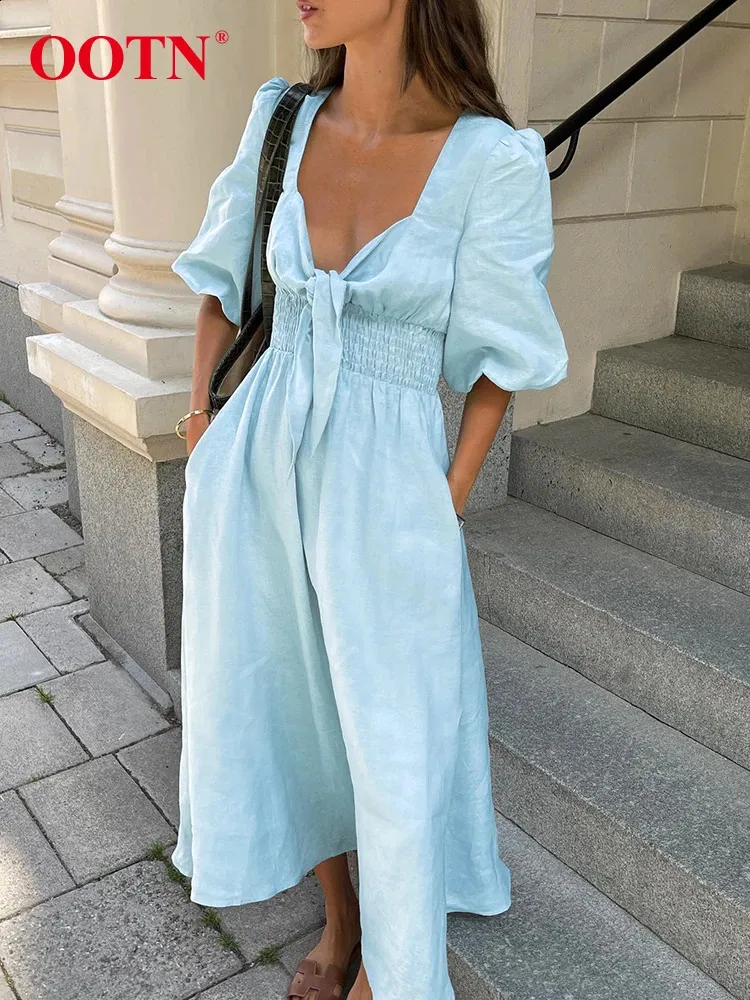 High Waist Dresses: Blue Short Sleeve A Line Empire Waist Dress