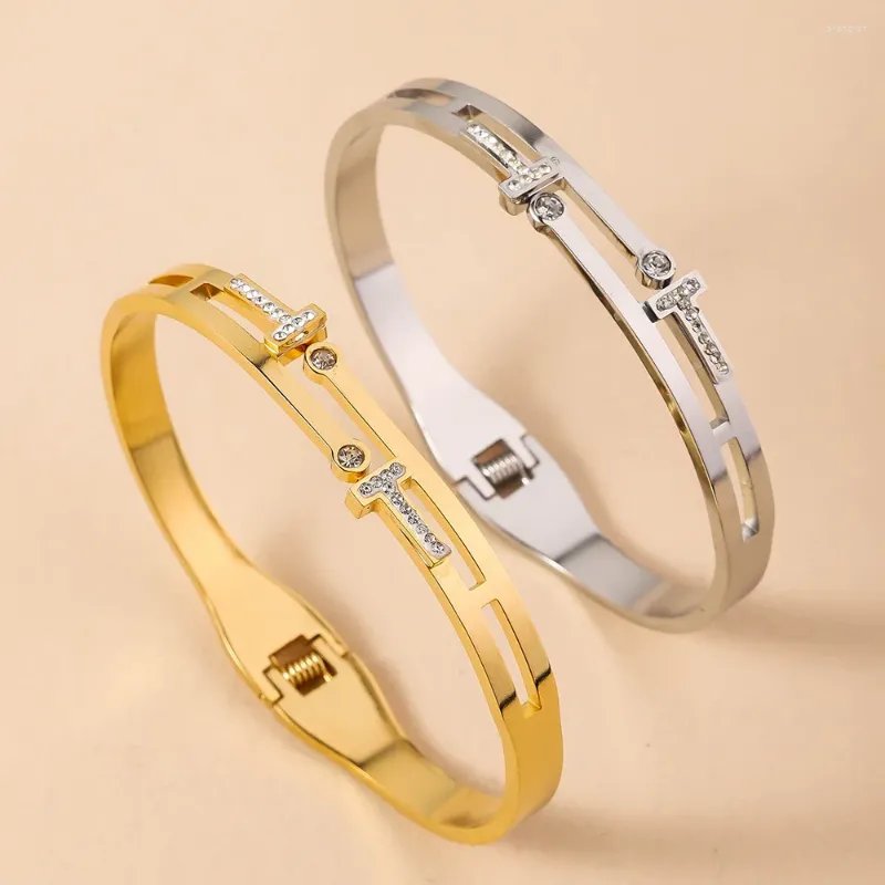 セール 一番安い Zircon Shaped T Exquisite Inlaid Bangle Steel Stainless その他