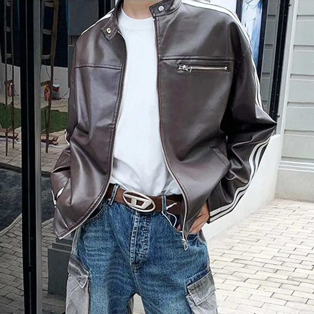 DHgate.com:Unisex Biker Striped Vegan Leather Jacket: Falls DHgate.com:Unisex Biker Striped Vegan Leather Jacket: Falls