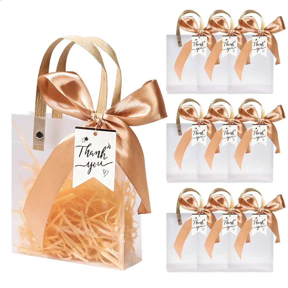 Gift Bags QOUBAI 24-Pack Pink Bow Clear PVC - 8x8x3 Inches With Handles ...