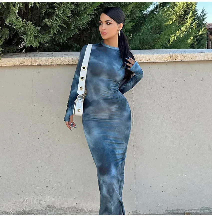 Sexy Tie-Dyed Long Sleeve Long Sleeve maxi dress for Women - Autumn/Winter Slim Fit with Spicy Design, Wrap Hip Skirt, and Casual Style - 240822