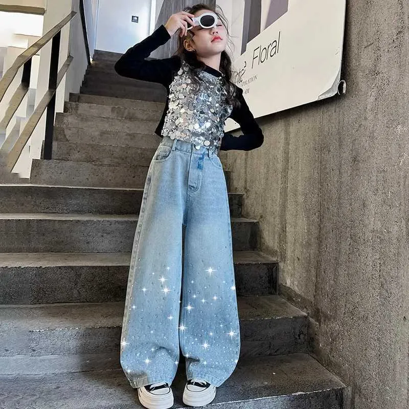ホット セールの通販 Glitter Rhinestone 2024 Wide Girls for jeans baggy Leg Cheerleading