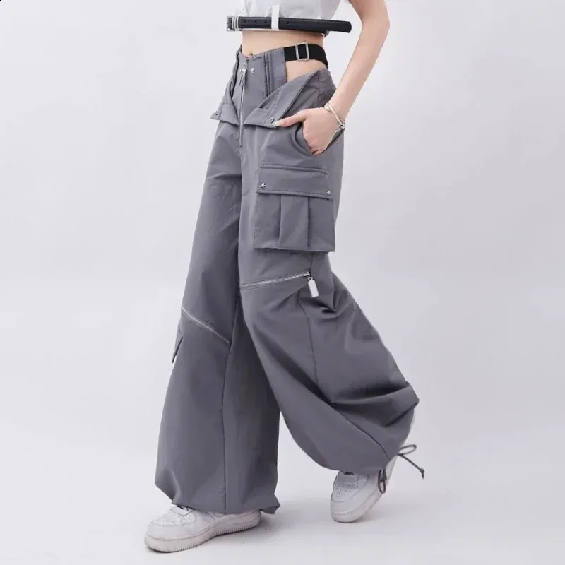 Cargo Pants with Zipper Pockets Drawstring Waist Capri Length Gray