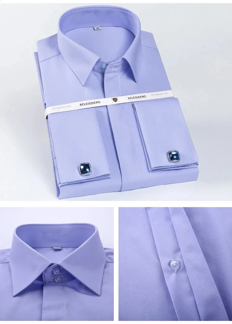 Audmroton Men's French Cuff Dress Shirt - Solid Color, Hidden Buttons, Long Sleeve, Includes Blue Gemstone Cufflinks - View #6