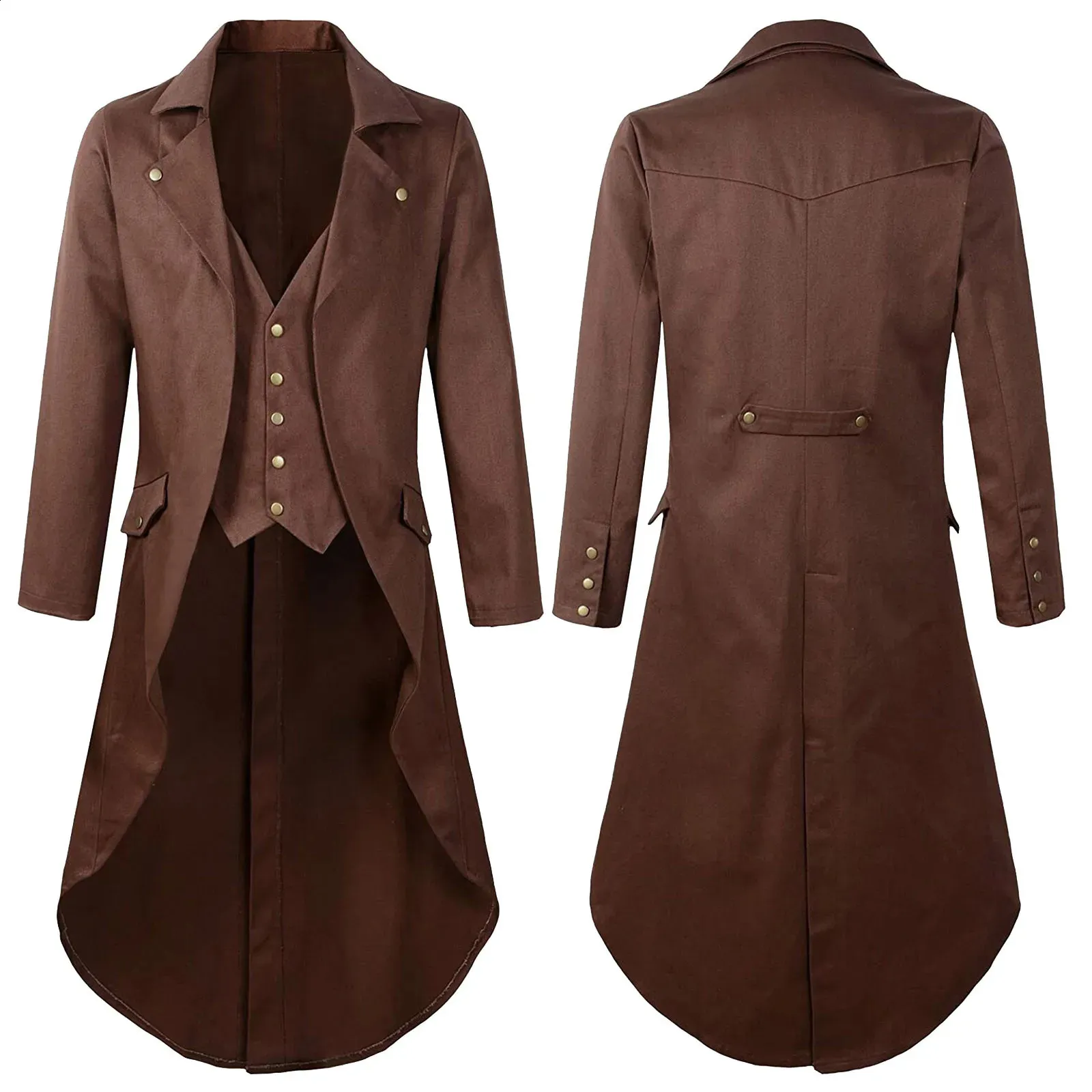 thumbnail image 2 of Men's Gothic Steampunk Victorian Trench Coat – Real Brown Leather – Long Tailcoat Style 2 of 5