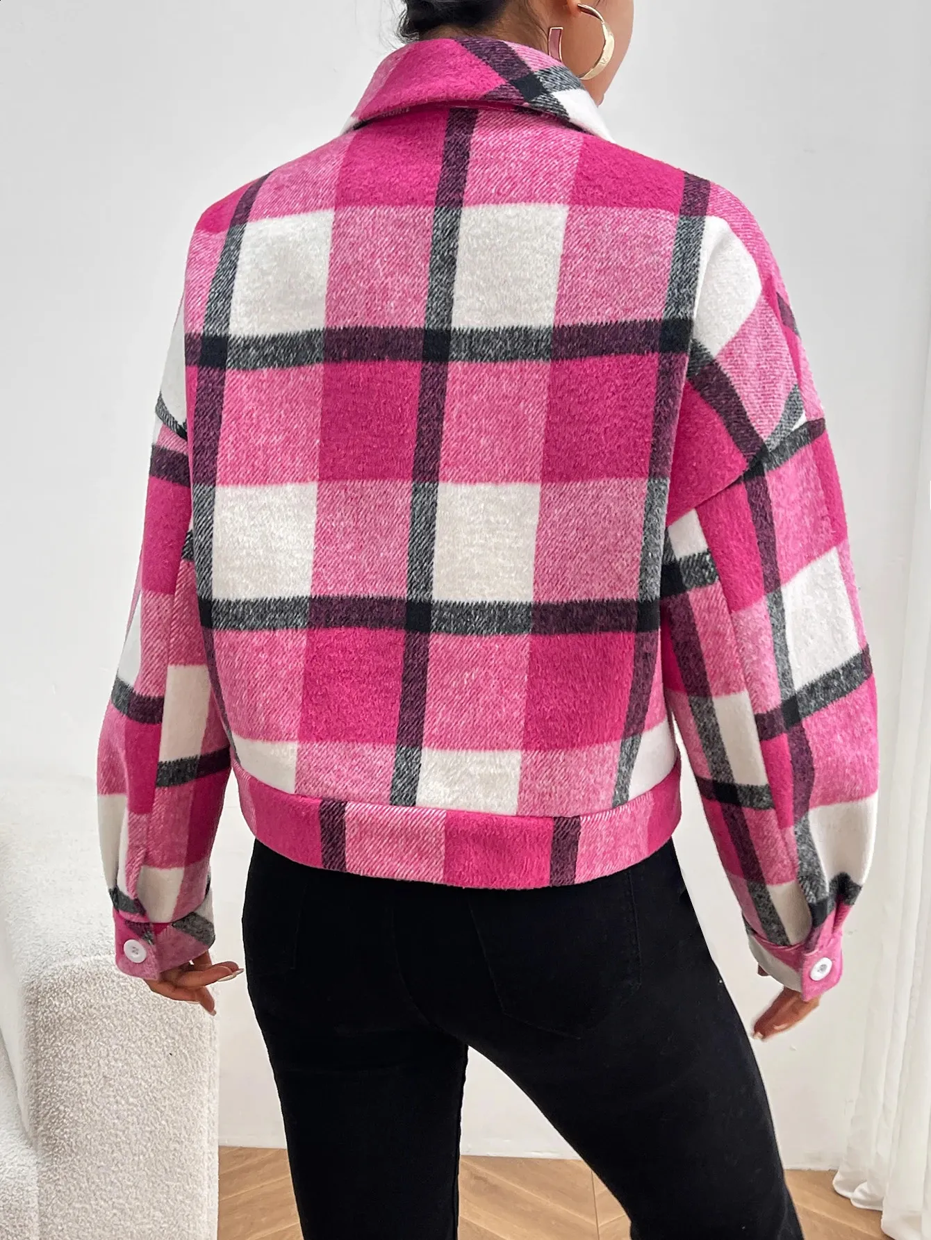 Checkered Bomber Jacket: Retro Style for Women - Autumn